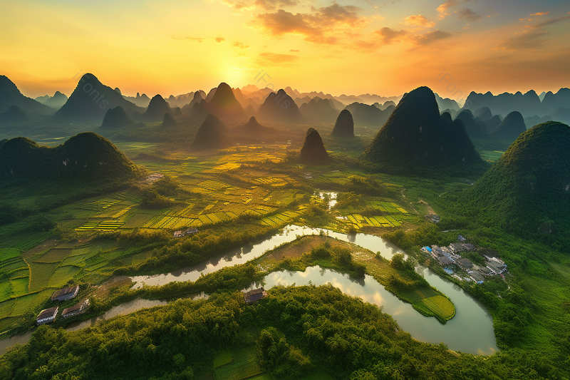 著名景区桂林阳朔翠屏晚霞山脉村落自然风景无人场景,高清,摄影图,摄影图片,图片大全,摄影图免费下载
